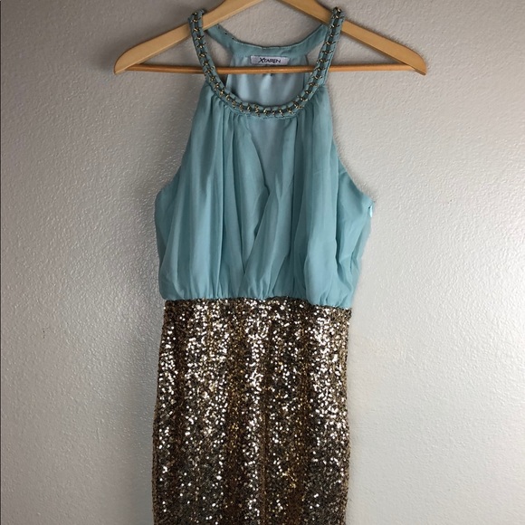 XTaren Teal & Gold Sequin Cocktail Dress L - Picture 8 of 8
